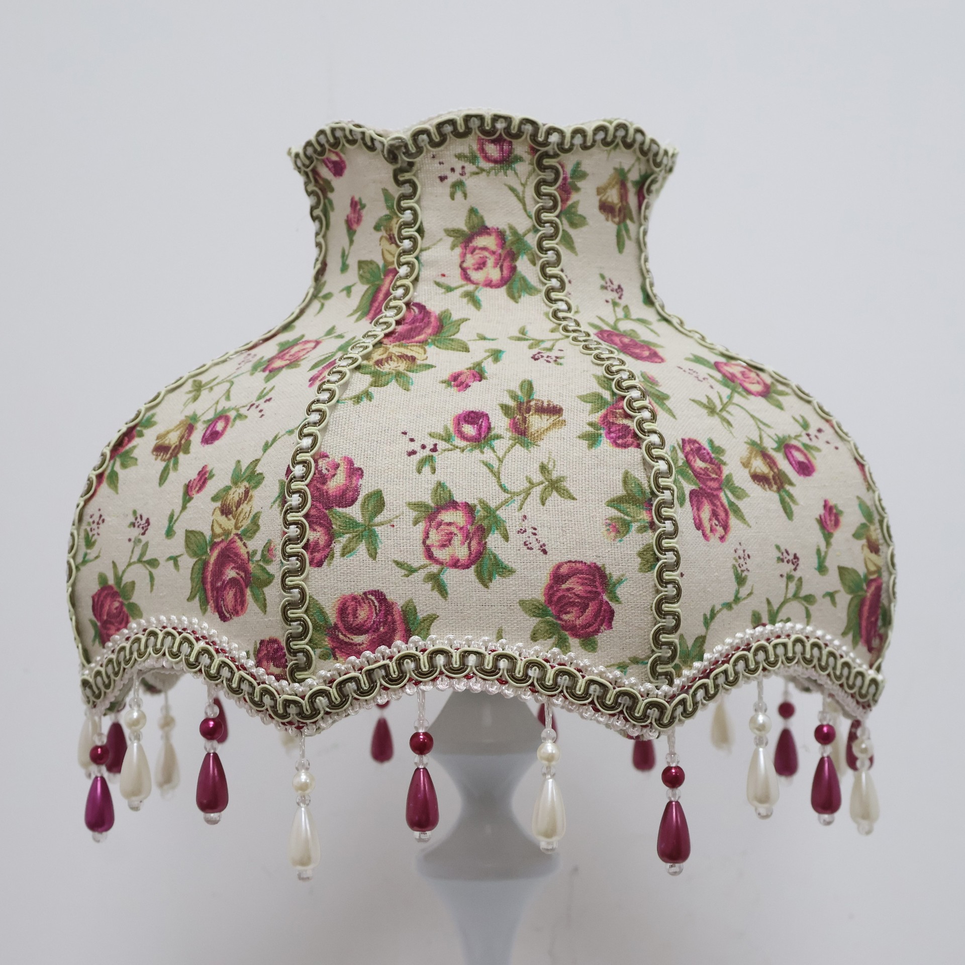 Vintage Floral Rose Linen Lampshade With Bead Tassel, French Country Cottagecore Replacement Lamp Shade For Bedside Table Lamp