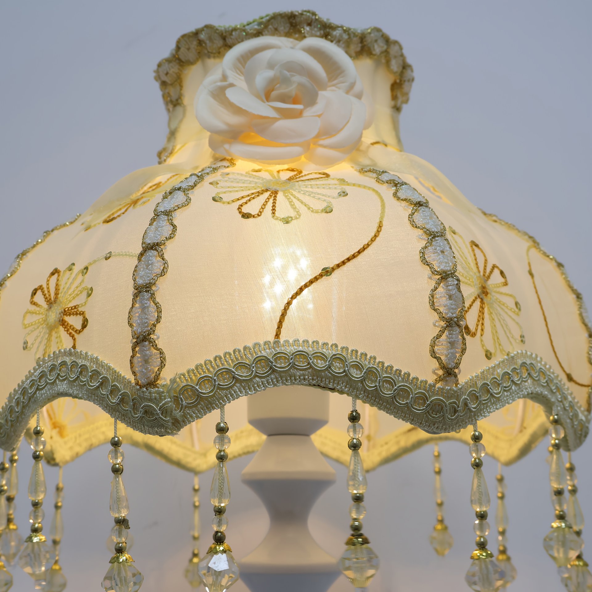 Vintage Embroidered Fabric Shade, featuring Swarovski Crystal and Mountain Tea Flower Pattern.