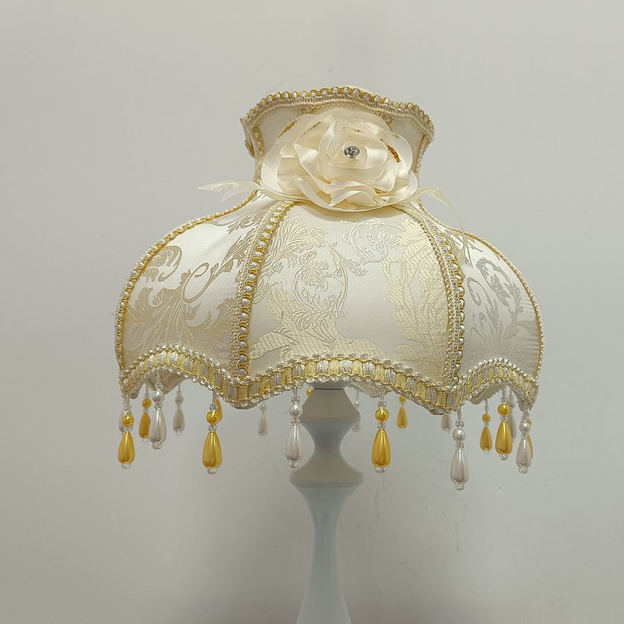 European Vintage Jacquard Fabric Lampshade, Beige‑Gold Rose Decor Bead Tassel Lamp Shade for Table Lamp Floor Lamp Home Decor