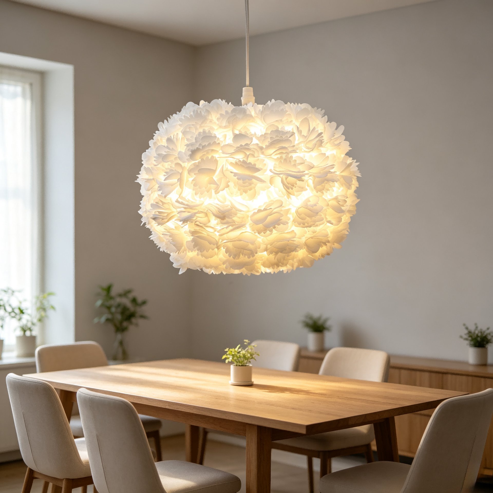 White 3D Flower Round Fabric Lampshade, Floral Petal Pendant Lamp Shade, Replacement Lamp Cover for Pendant Light Ceiling Lamp, Decorative Lampshade for Home Bedroom