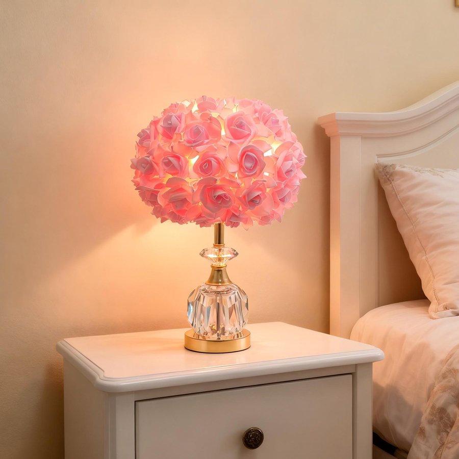 Pink Rose Ball Table Lamp, Light‑Luxury Crystal Base Bedside Lamp, Atmospheric Decorative Table Lamp for Girls' Bridal Rooms, Gift‑Giving Option