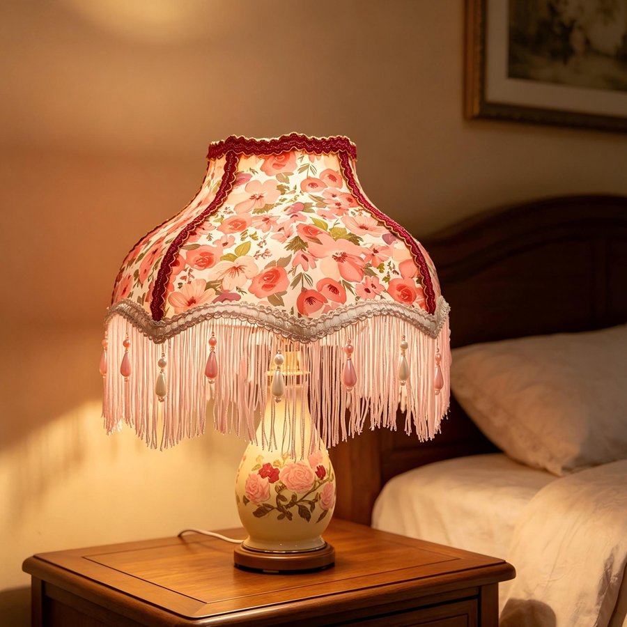 Flower‑Princess Pearl Tassel Lampshade, Girlish‑Style Wedding Room Fabric Table Lamp Shade, Decorative Replacement Shell for Atmosphere‑Creating Bedroom Table Lamp