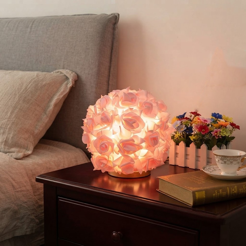 Romantic simulation rose ball USB desk lamp white powder dual color optional light luxury gold base warm light night light French elegant bedroom dressing table desktop decorative light Valentine's Day wedding anniversary home gift lighting
