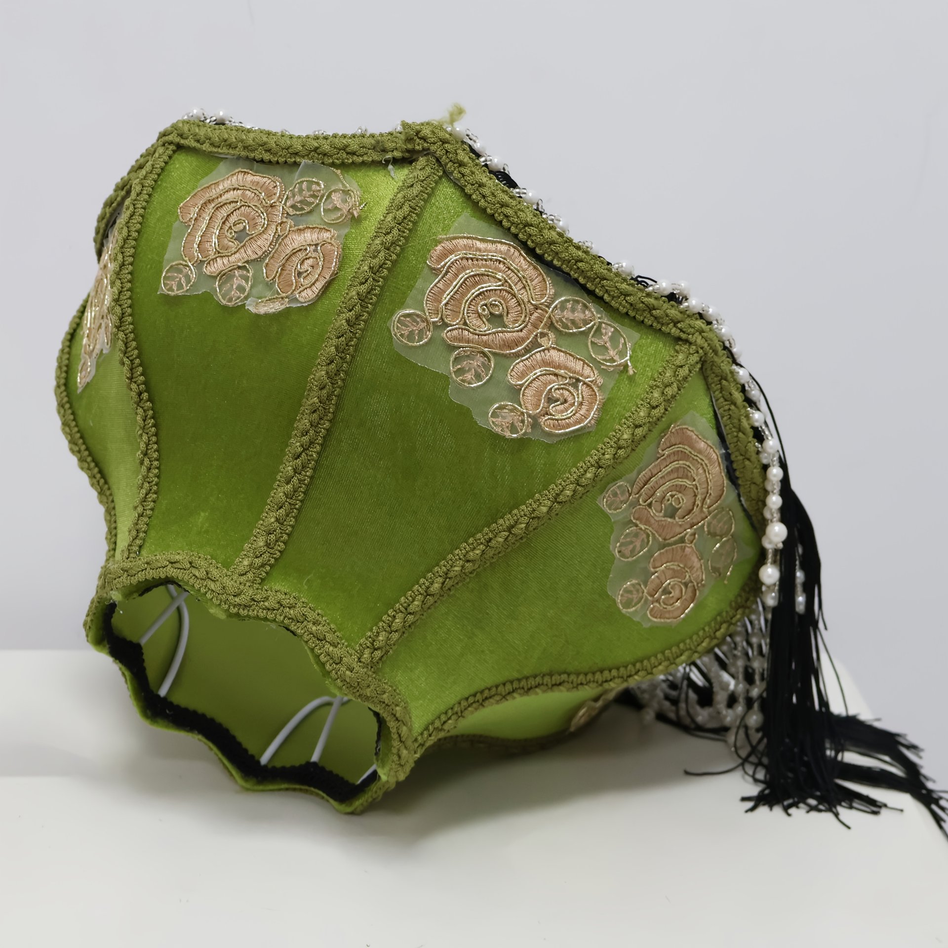 Vintage Green Velvet Lampshade With Rose Embroidery Pearl Beads and Black Tassels