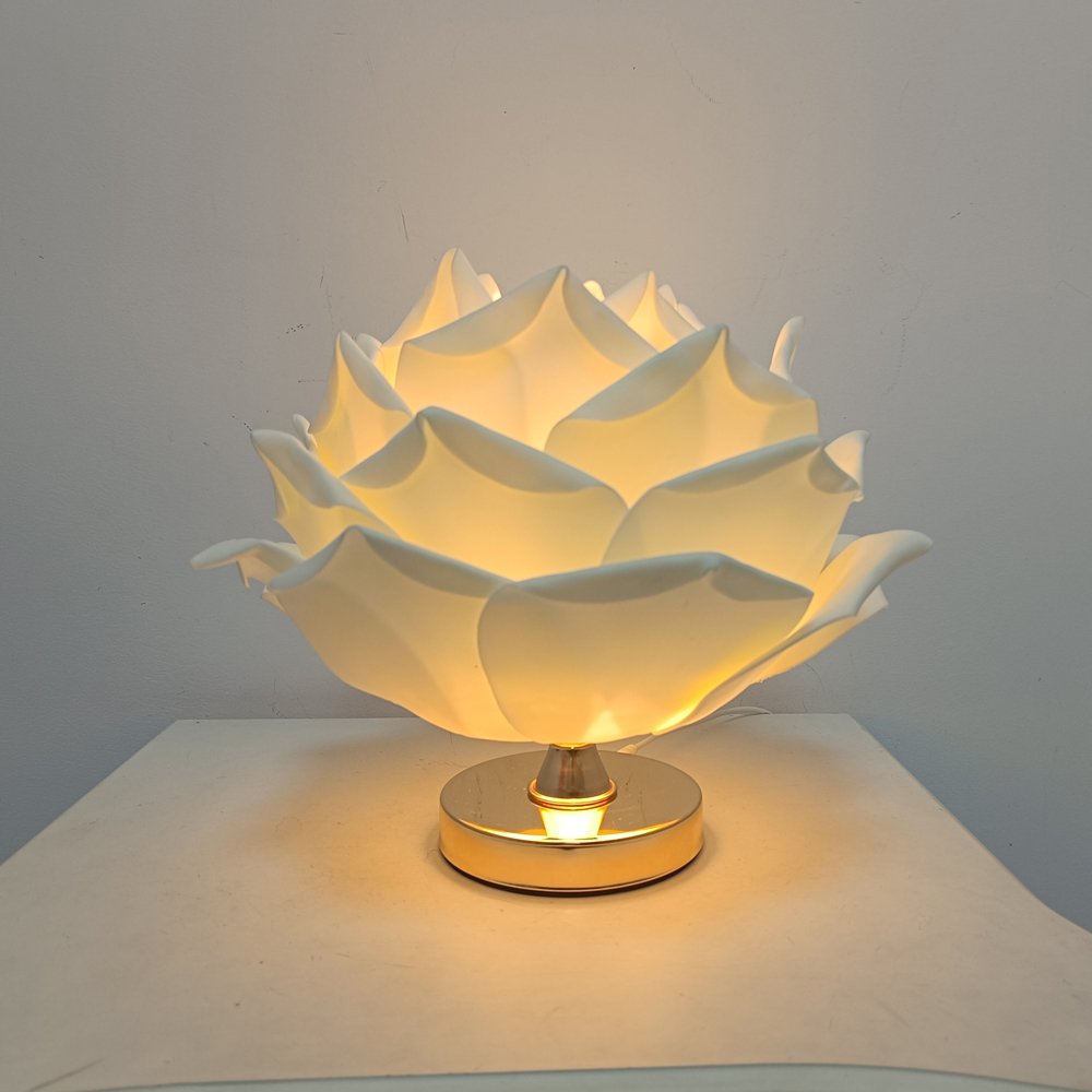 White 3D Lotus Table Lamp with Large Rose Metal Glossy Base - Zen-Inspired Floral Decor for Homestay Bedrooms, Ideal Gift