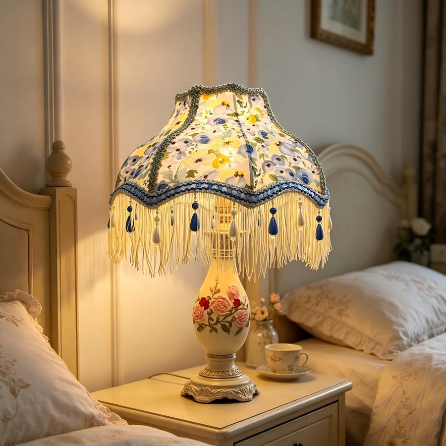 Flower‑Princess Pearl Tassel Lampshade, Girlish‑Style Wedding Room Fabric Table Lamp Shade, Decorative Replacement Shell for Atmosphere‑Creating Bedroom Table Lamp