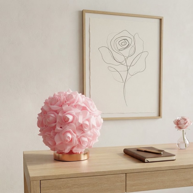 Romantic simulation rose ball USB desk lamp white powder dual color optional light luxury gold base warm light night light French elegant bedroom dressing table desktop decorative light Valentine's Day wedding anniversary home gift lighting