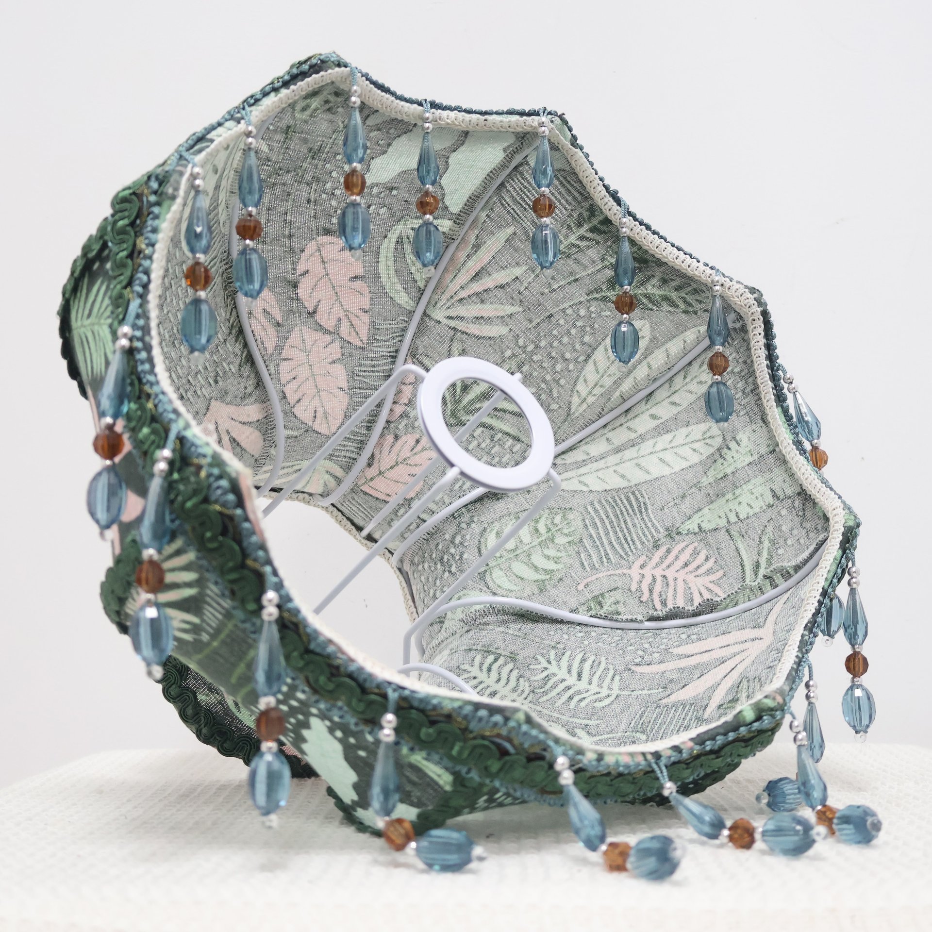 Dark Green Vintage Botanical Pattern Fabric Replacement Lampshade with Crystal Bead Tassels, French Country Style Table Lampshade