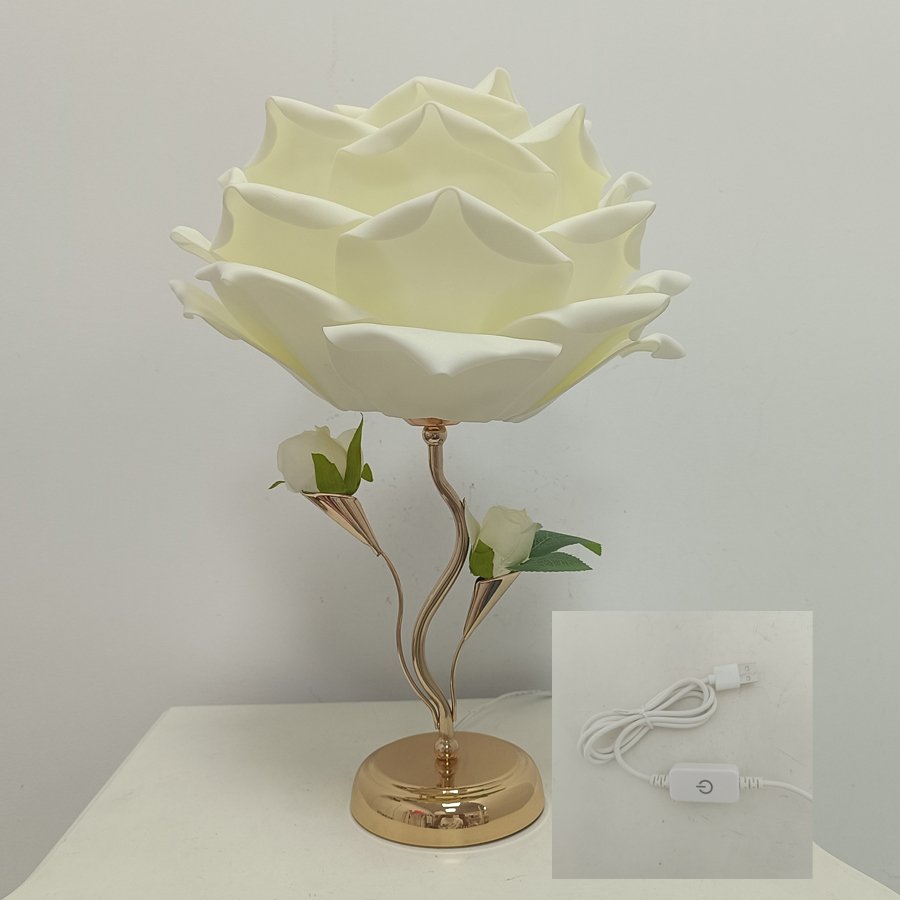 Large‑sized white rose flower table lamp, romantic floral decorative lamp, bedroom ambient bedside lamp