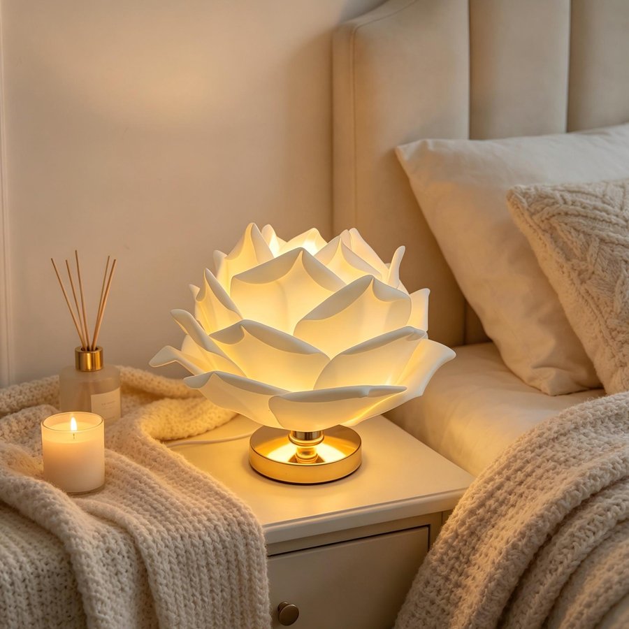 White 3D Lotus Table Lamp with Large Rose Metal Glossy Base - Zen-Inspired Floral Decor for Homestay Bedrooms, Ideal Gift