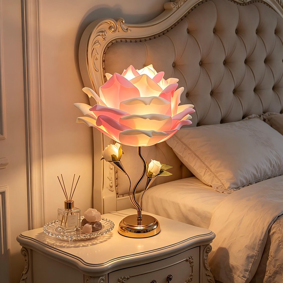 Large‑sized white rose flower table lamp, romantic floral decorative lamp, bedroom ambient bedside lamp