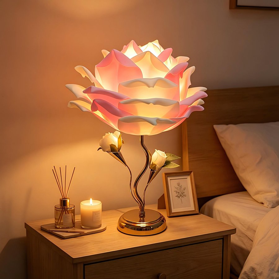 Large‑sized white rose flower table lamp, romantic floral decorative lamp, bedroom ambient bedside lamp