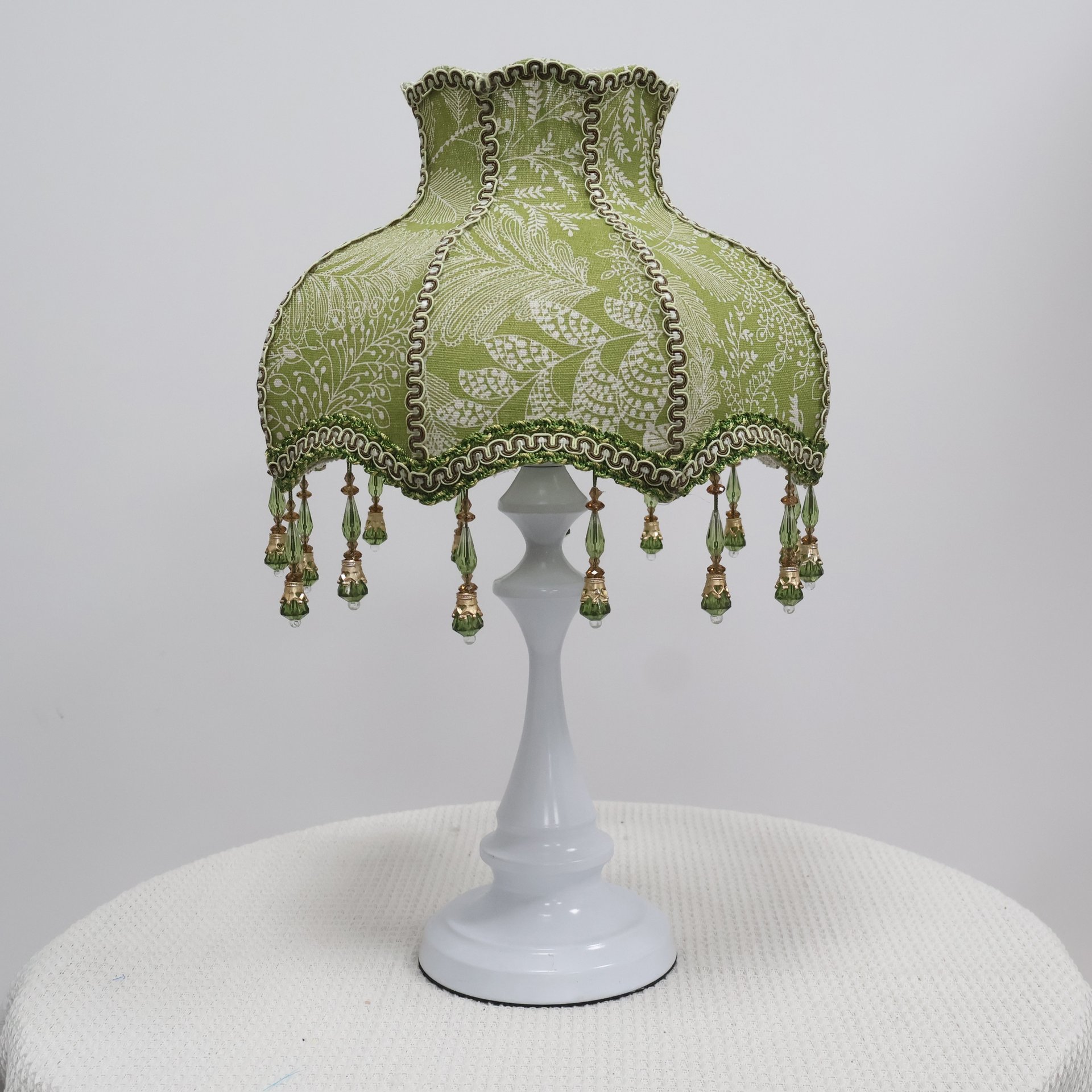 Vintage Green Botanical Embroidery Fabric Replacement Lamp Shade with Green Crystal Bead Tassels, French Country Decor Table Lamp Lampshade