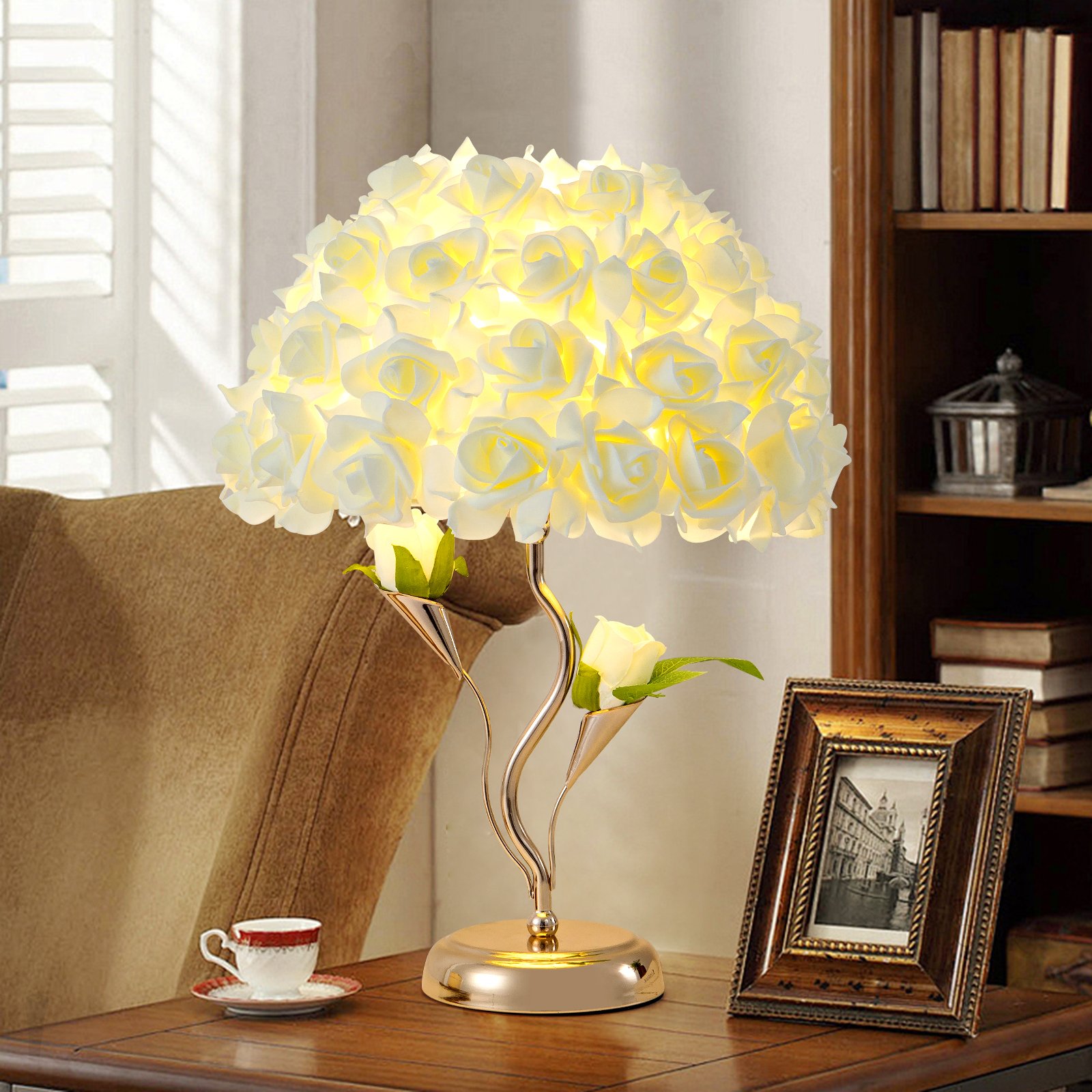 Realistic White Rose Spherical Bouquet Table Lamp with Curved Golden Stand – Luxury Floral Déc