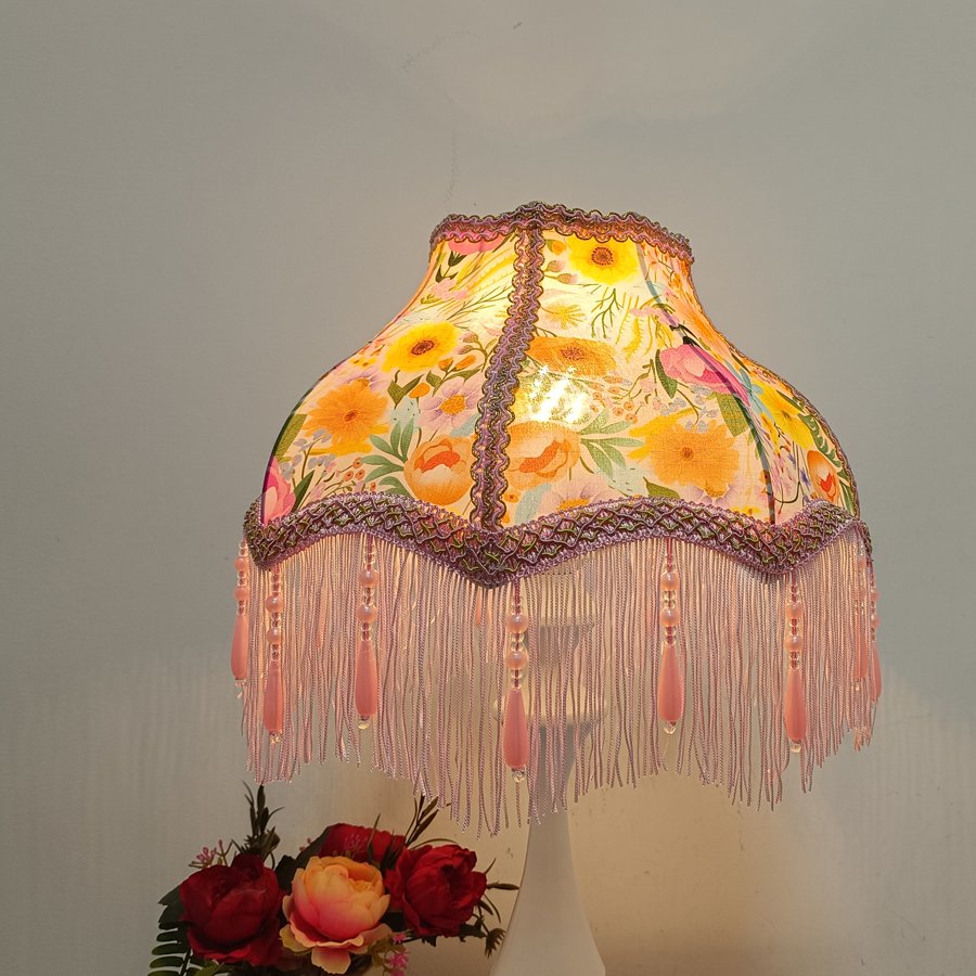 Colorful Garden Floral Print Fabric Lampshade, Pink Tassel Bead Pendant Replacement Lamp Shade for Table Floor Lamp Home Decor