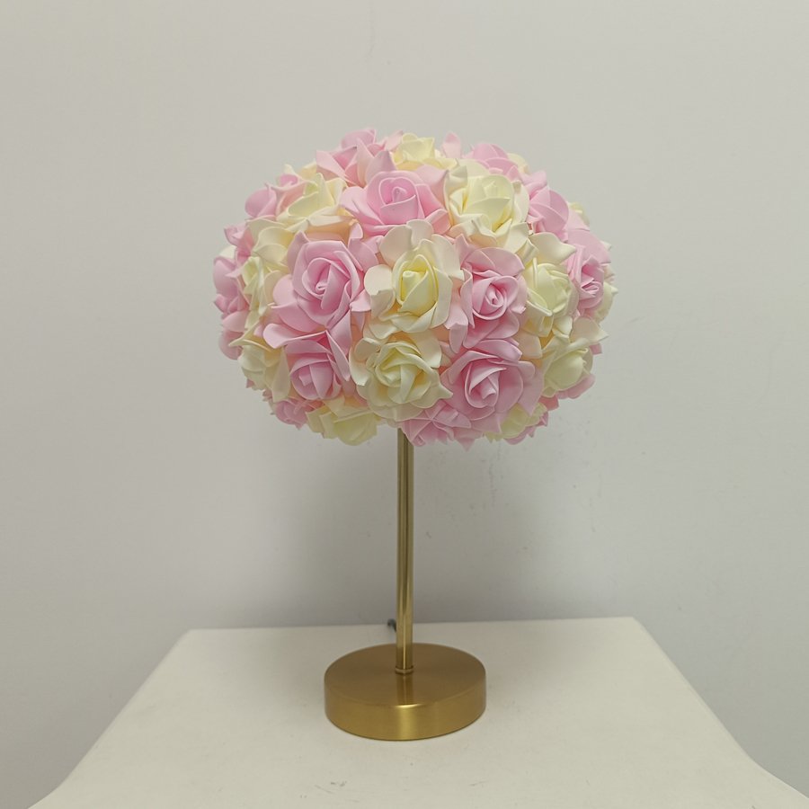 Aesthetic Rose Flower Ball Table Lamp, Romantic Floral Sphere Bedside Lamp with Gold Stand for Bedroom & Wedding Decoration