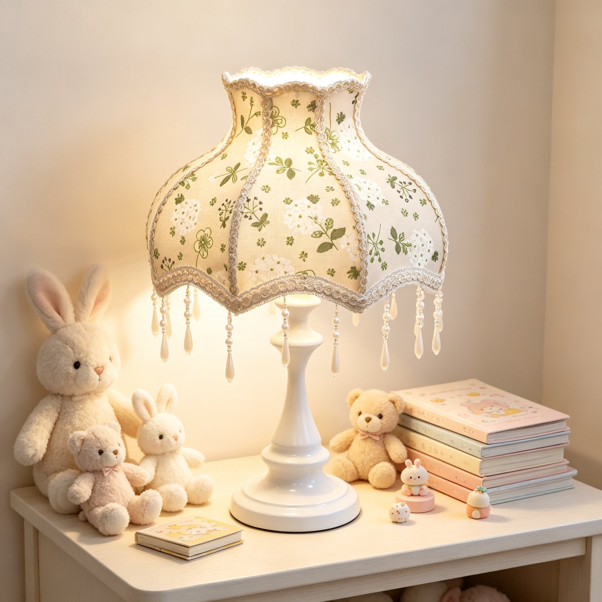 Vintage Floral Fabric Table Lamp Shade, Beige Base Green White Flower Print Lace Trim Crystal Bead Tassel Replacement Lampshade for Table Lamp, Cottage Decor Lamp Cover