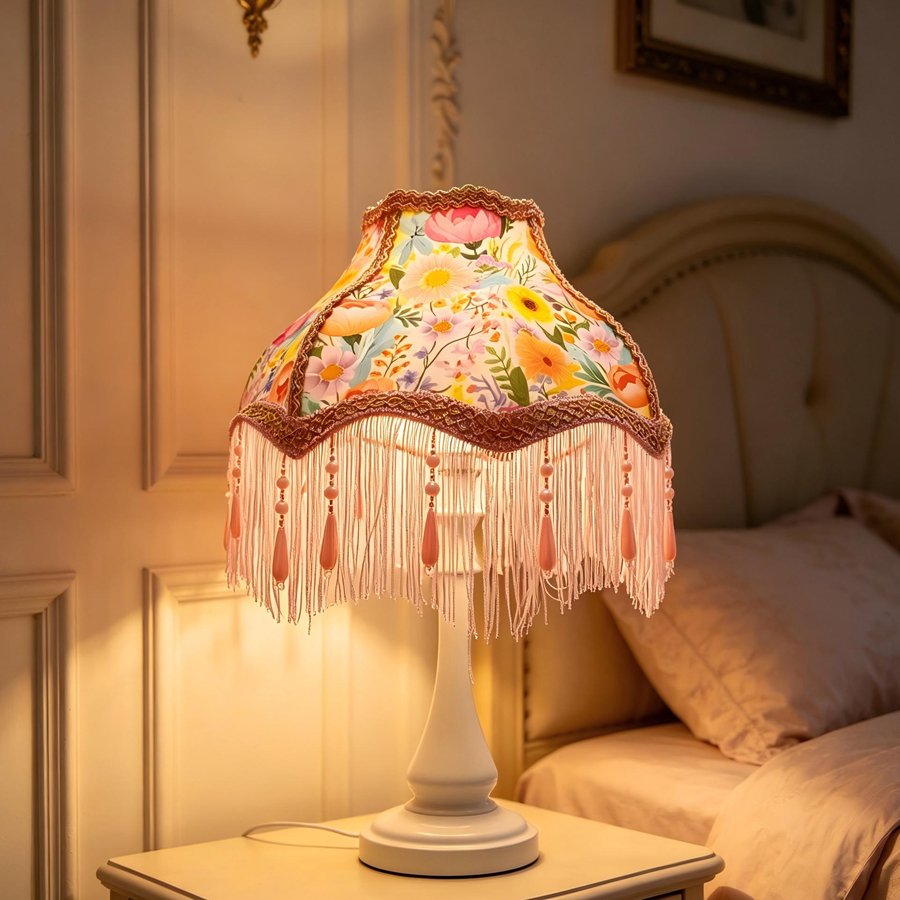 Colorful Garden Floral Print Fabric Lampshade, Pink Tassel Bead Pendant Replacement Lamp Shade for Table Floor Lamp Home Decor