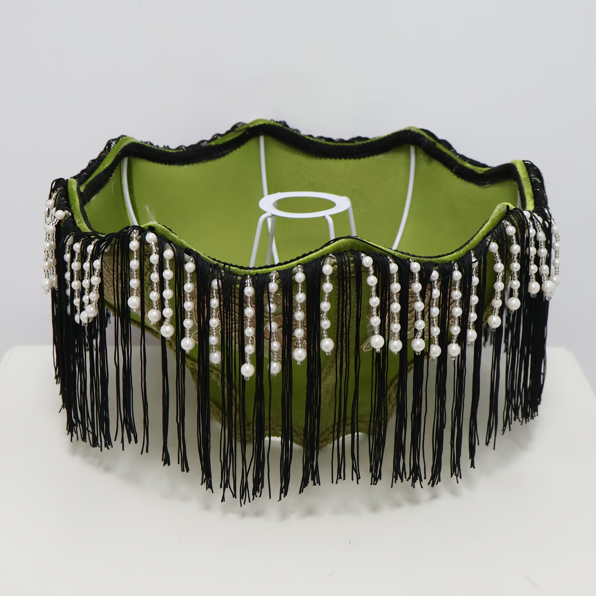 Vintage Green Velvet Lampshade With Rose Embroidery Pearl Beads and Black Tassels