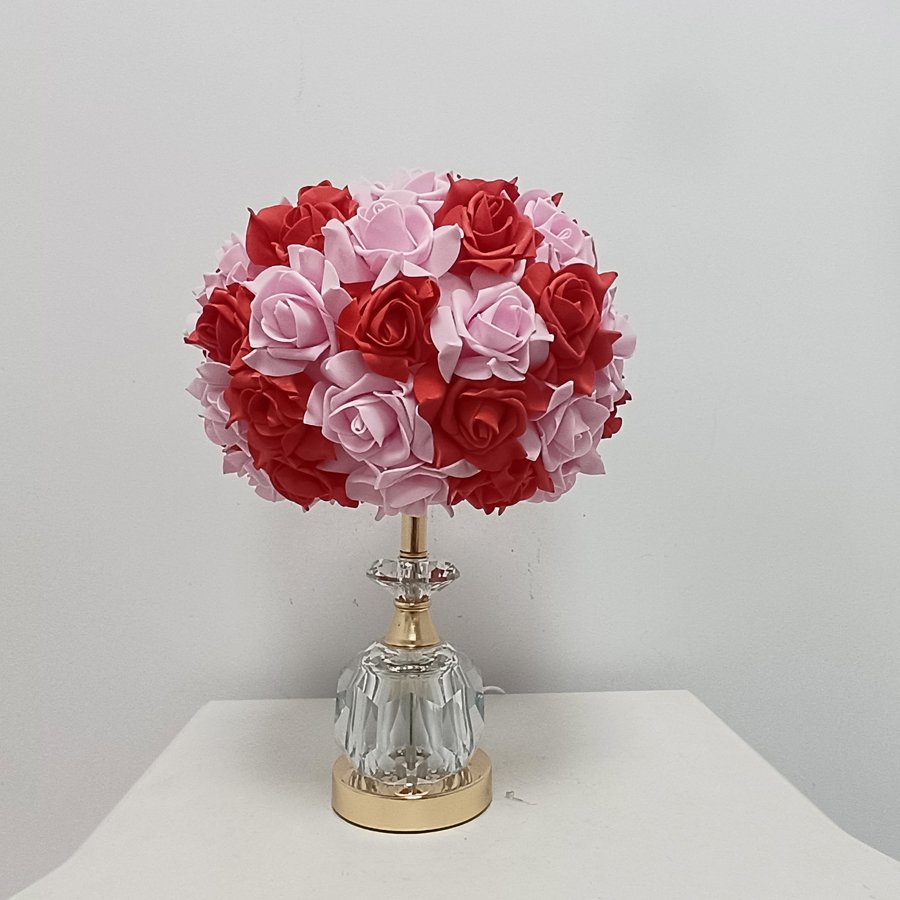 Pink Rose Ball Table Lamp, Light‑Luxury Crystal Base Bedside Lamp, Atmospheric Decorative Table Lamp for Girls' Bridal Rooms, Gift‑Giving Option