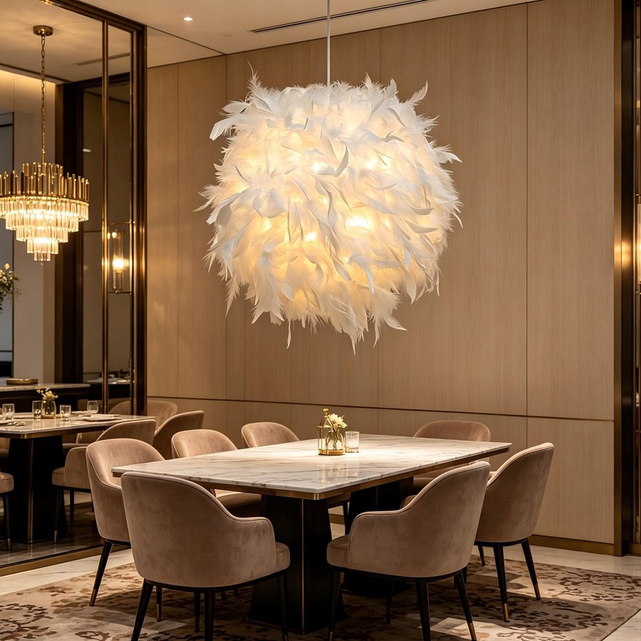 White badminton‑shaped lampshade, fluffy feather spherical chandelier shade, popular decorative lamp accessory for bedroom and dining room