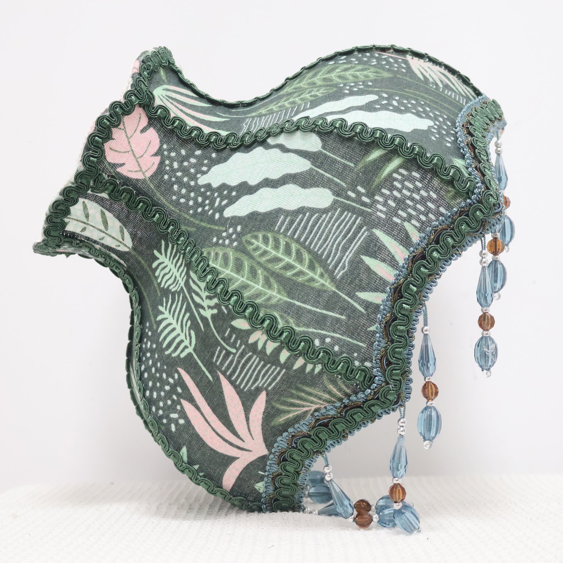 Dark Green Vintage Botanical Pattern Fabric Replacement Lampshade with Crystal Bead Tassels, French Country Style Table Lampshade