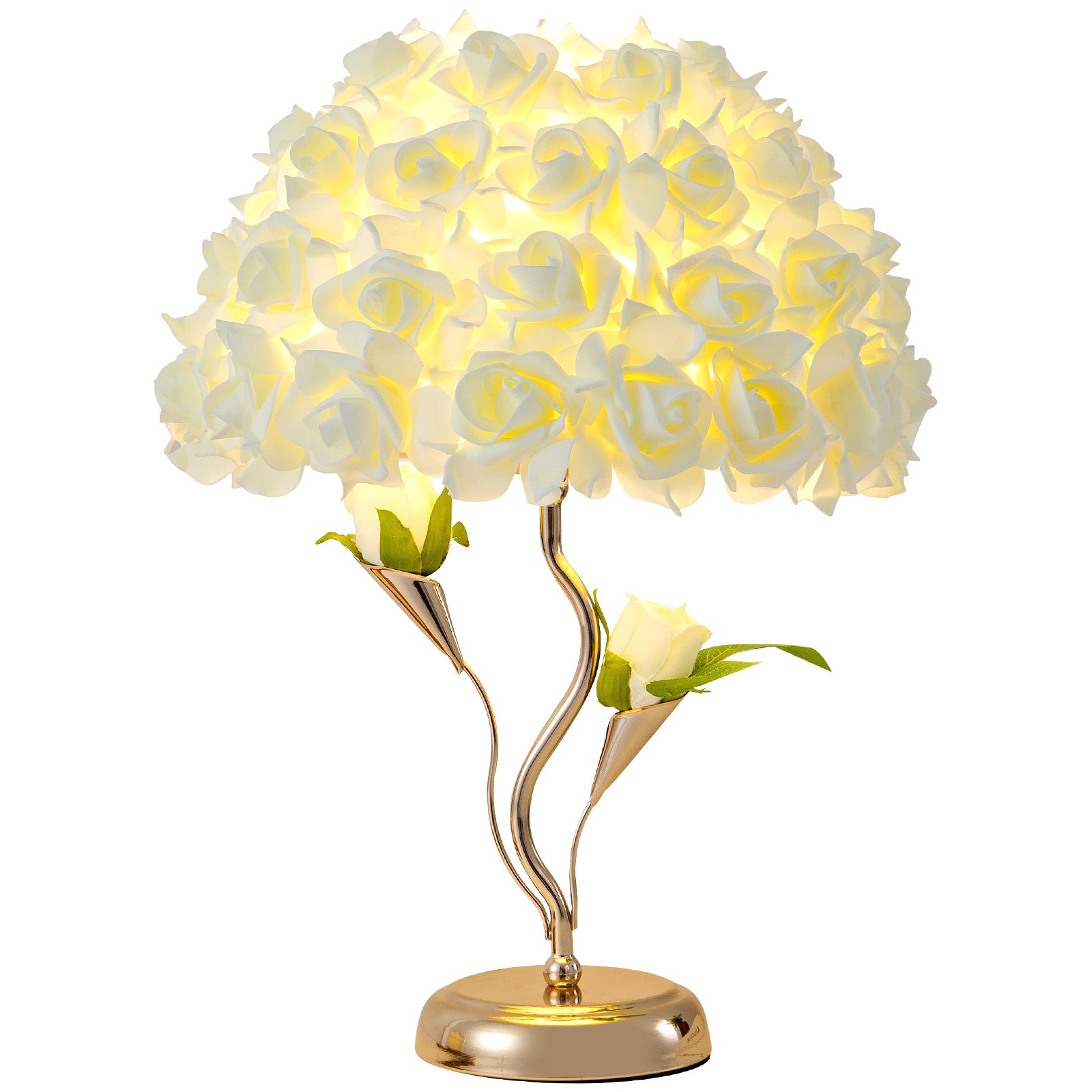 Realistic White Rose Spherical Bouquet Table Lamp with Curved Golden Stand – Luxury Floral Déc