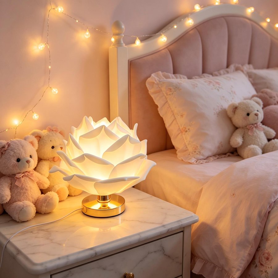 White 3D Lotus Table Lamp with Large Rose Metal Glossy Base - Zen-Inspired Floral Decor for Homestay Bedrooms, Ideal Gift