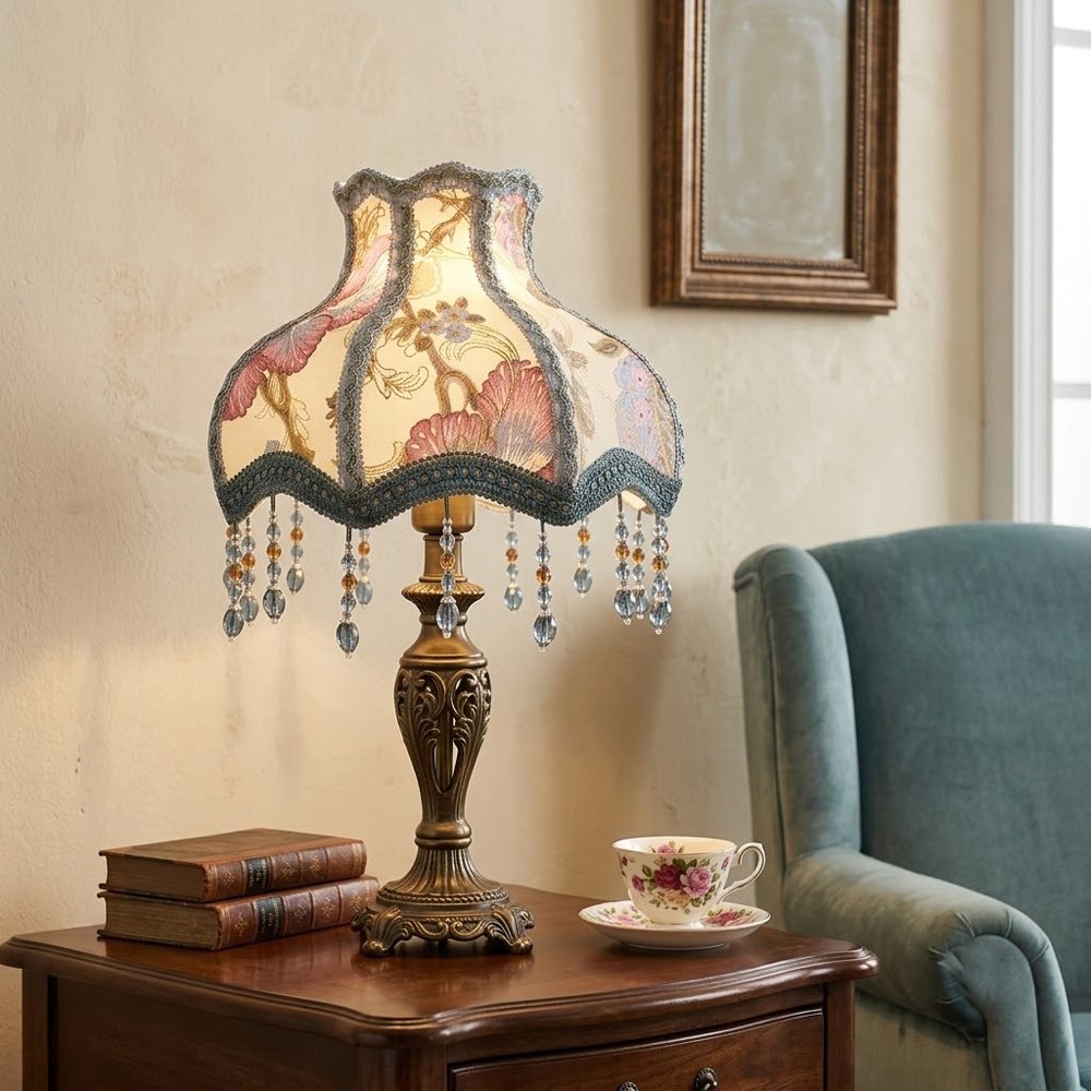 Vintage French Floral Lampshade, Victorian Jacquard Fabric Table Lamp Shade Replacement with Beaded Tassels, Antique Room Decor (Lampshade Only)