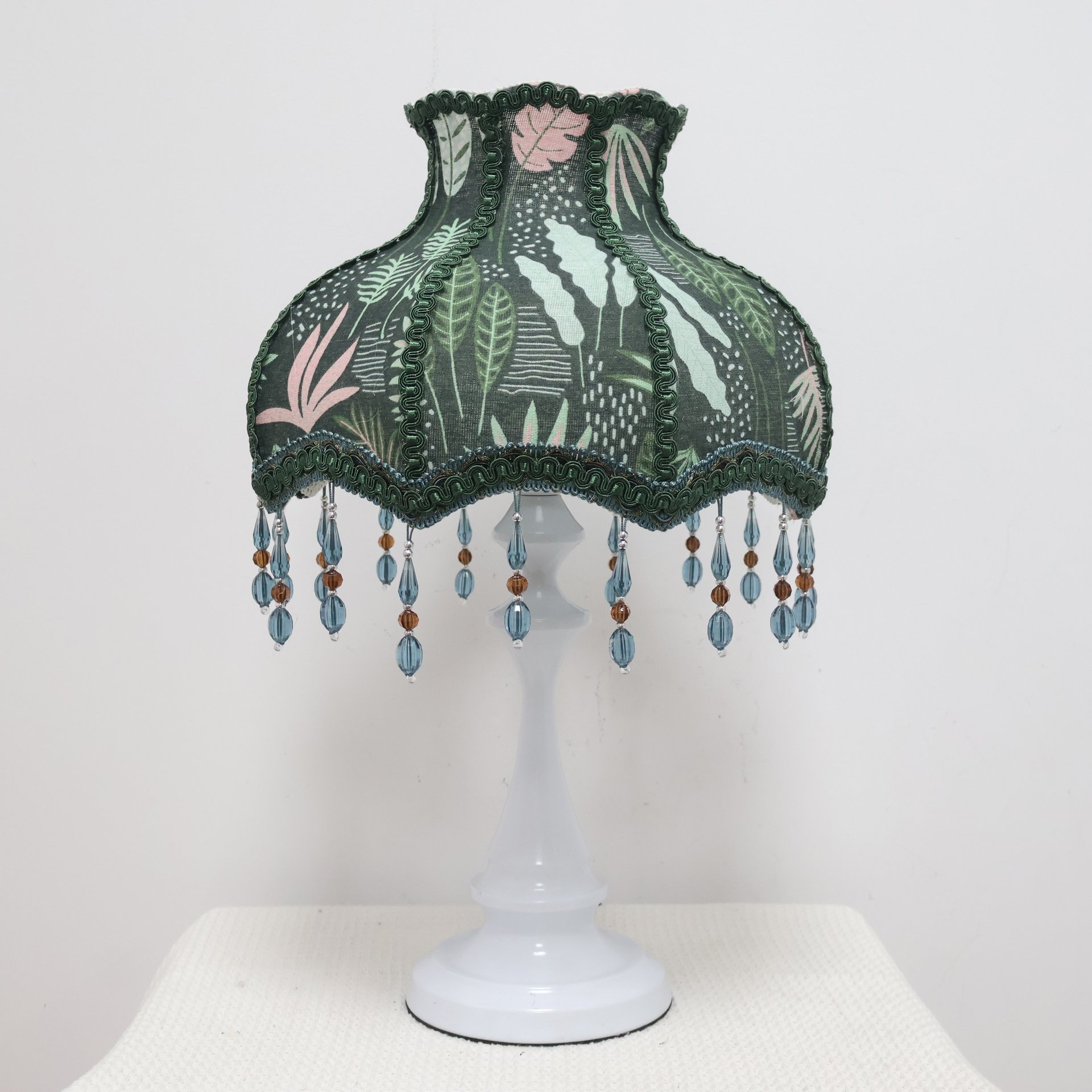 Dark Green Vintage Botanical Pattern Fabric Replacement Lampshade with Crystal Bead Tassels, French Country Style Table Lampshade