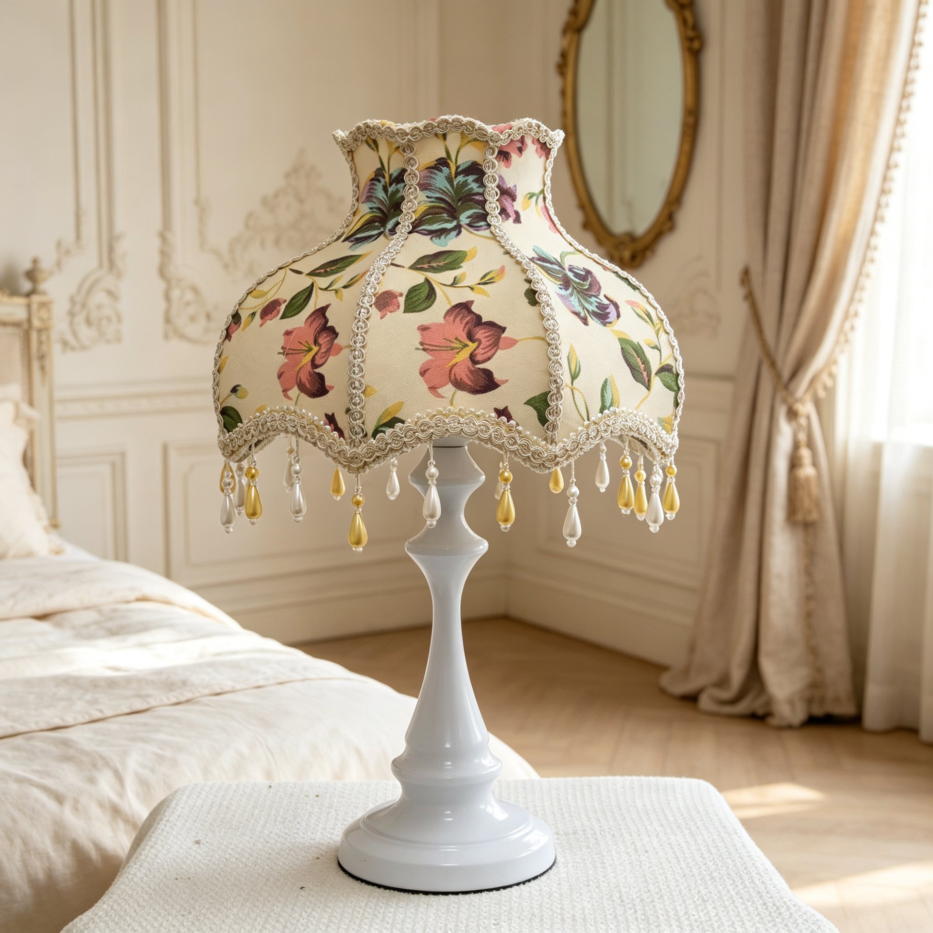 Vintage Floral Fabric Table Lamp with Bead Tassels, French Country Style Bedside Desk Lamp for Bedroom Living Room Home Decor