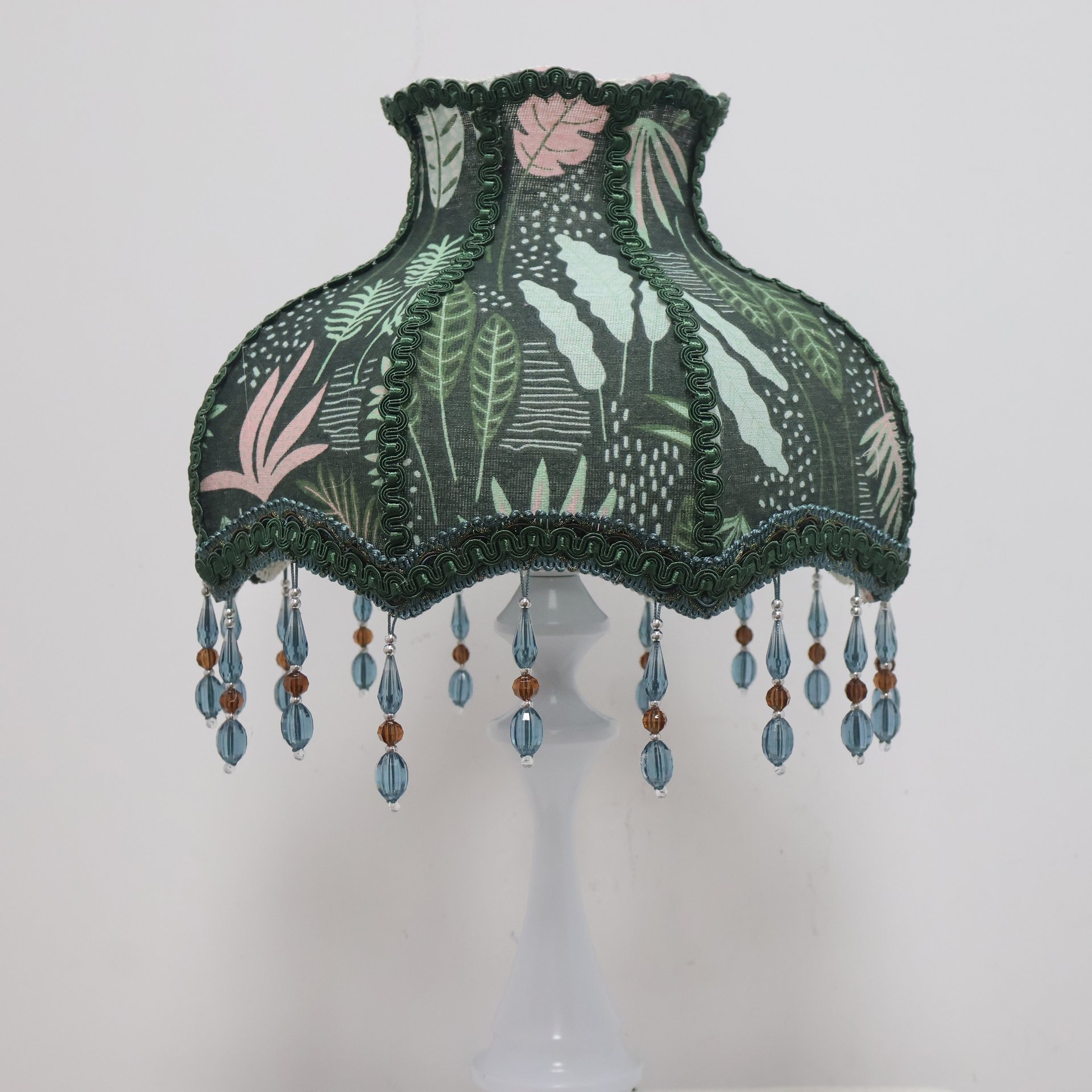 Dark Green Vintage Botanical Pattern Fabric Replacement Lampshade with Crystal Bead Tassels, French Country Style Table Lampshade