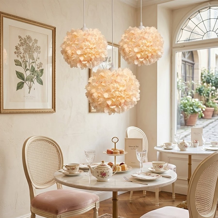 Light‑pink hydrangea spherical lampshade, artificial floral ball lampshade, flower‑shade accessories for wedding & bedroom table lamps and pendant lights