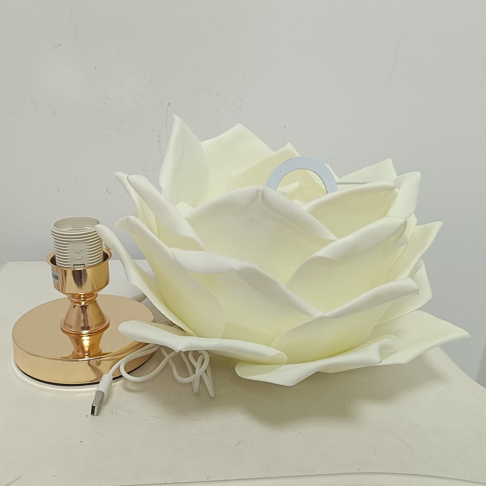 White 3D Lotus Table Lamp with Large Rose Metal Glossy Base - Zen-Inspired Floral Decor for Homestay Bedrooms, Ideal Gift