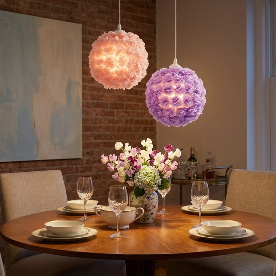 French Romantic Fabric Flower Lampshade, Cozy Aesthetic Pastel Purple/Pink Desk Light Shade Replacement, Dreamy Bedside Room Decor (Lampshade Only)