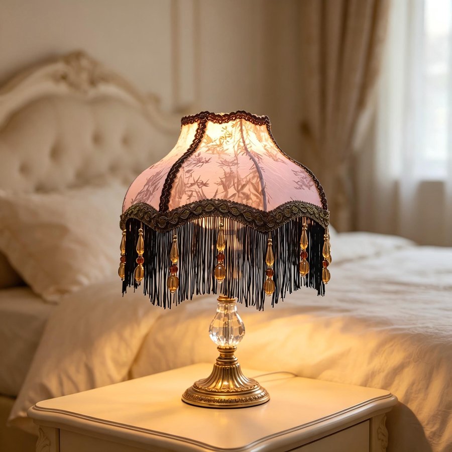 Vintage Octagonal Fabric Lampshade Pink Bamboo Jacquard Black Tassel Beaded Lamp Shade For Table Lamp Bedside Decor