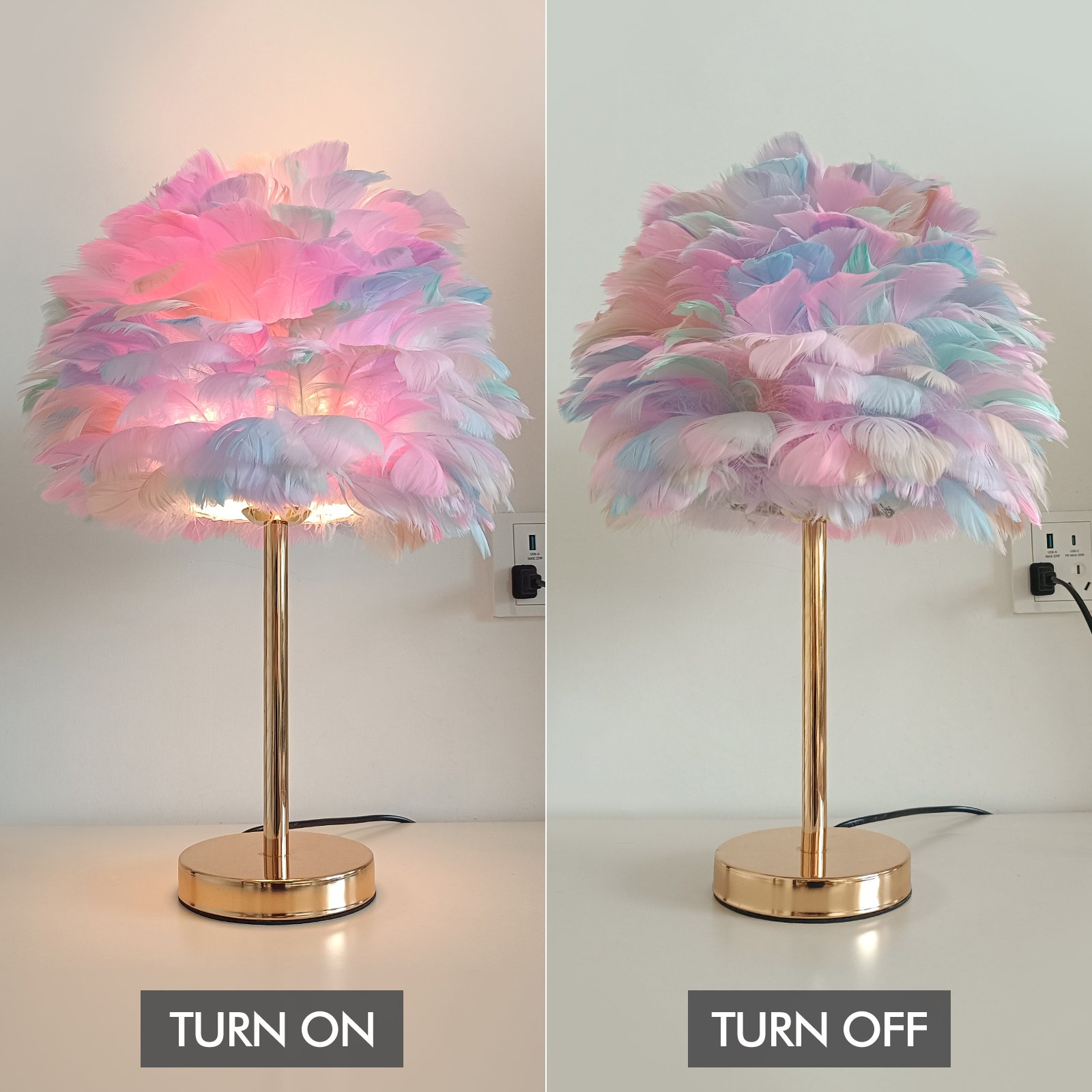 Fluffy Feather Table Lamp, Aesthetic Bedside Night Light with Gold Base & Plume Shade, Coquette Room Decor