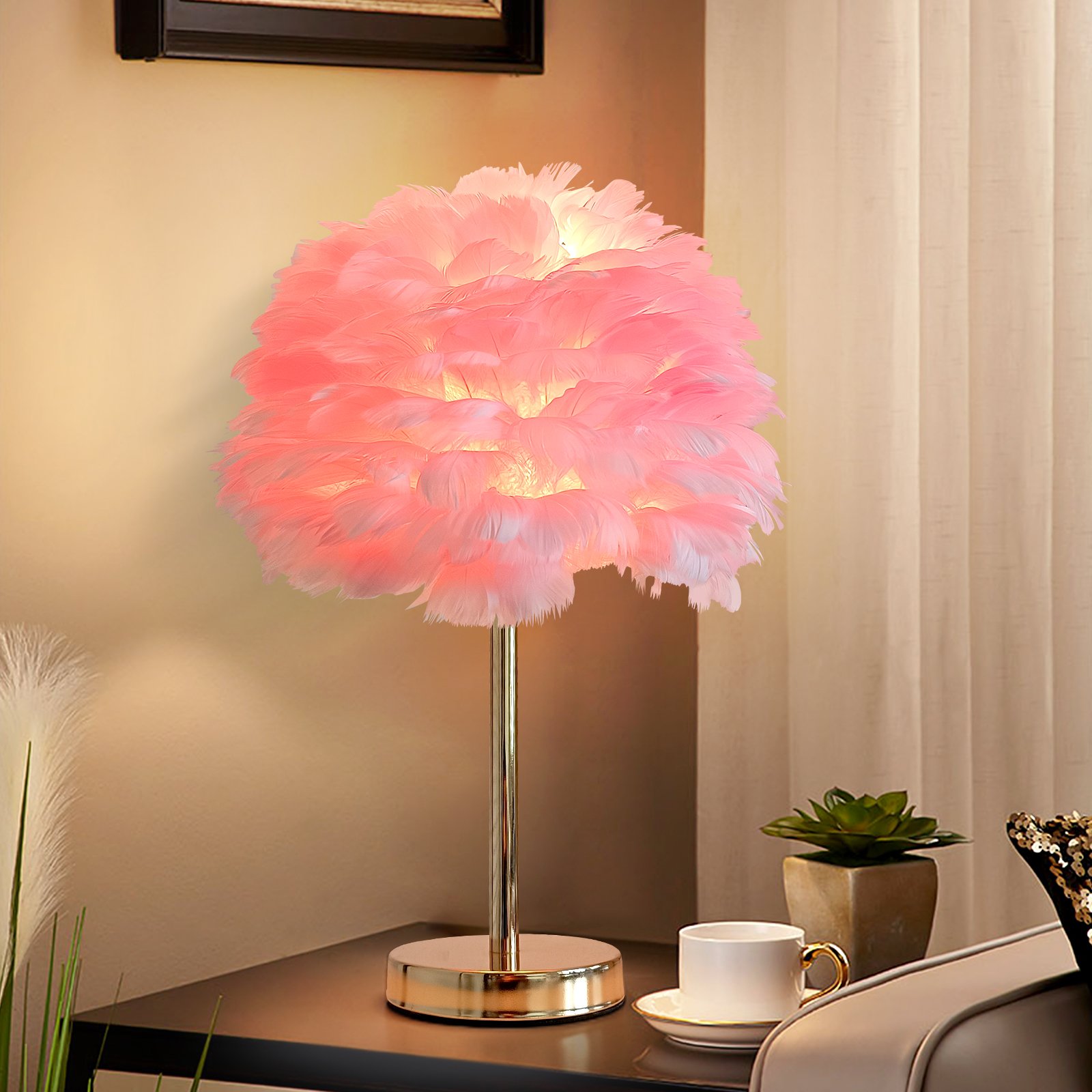 Fluffy Feather Table Lamp, Aesthetic Bedside Night Light with Gold Base & Plume Shade, Coquette Room Decor