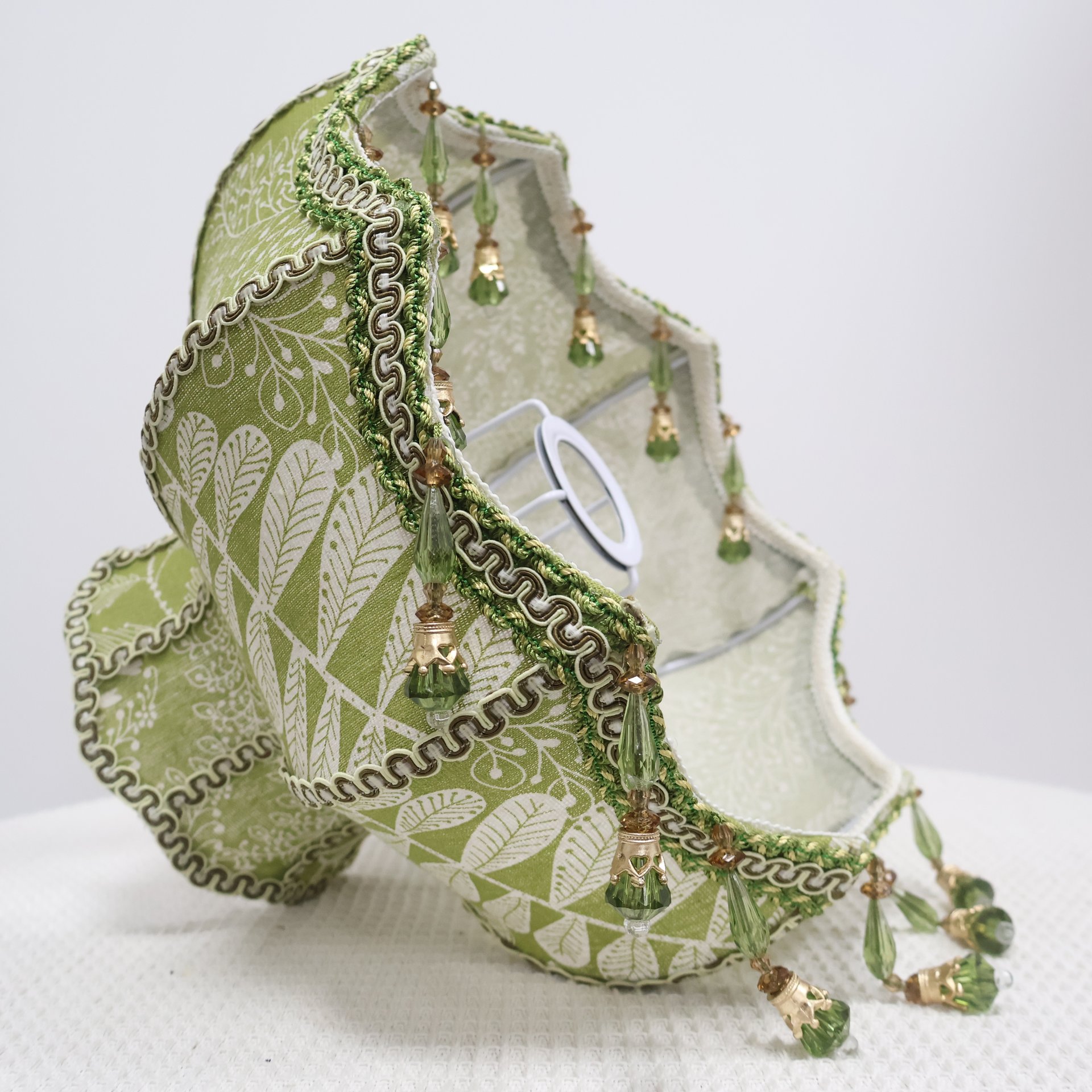 Vintage Green Botanical Embroidery Fabric Replacement Lamp Shade with Green Crystal Bead Tassels, French Country Decor Table Lamp Lampshade