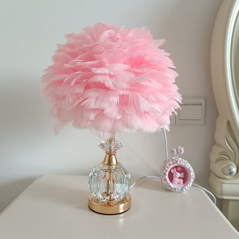 Romantic Feather Desk Lamp for Bedroom, Luxury Crystal & Gold Base Night Light, Aesthetic Cute Room Decor