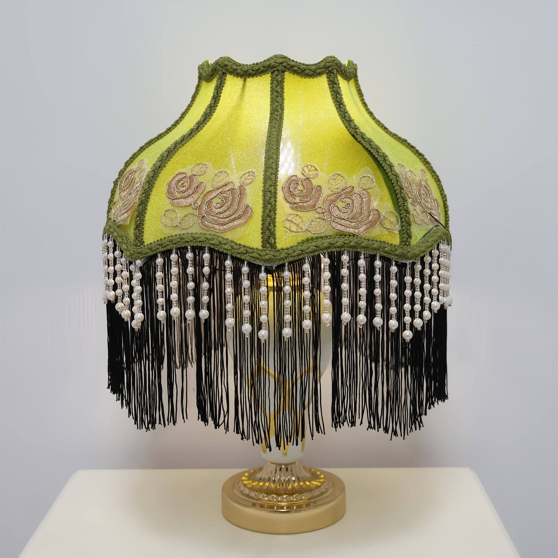 Vintage Green Velvet Lampshade With Rose Embroidery Pearl Beads and Black Tassels