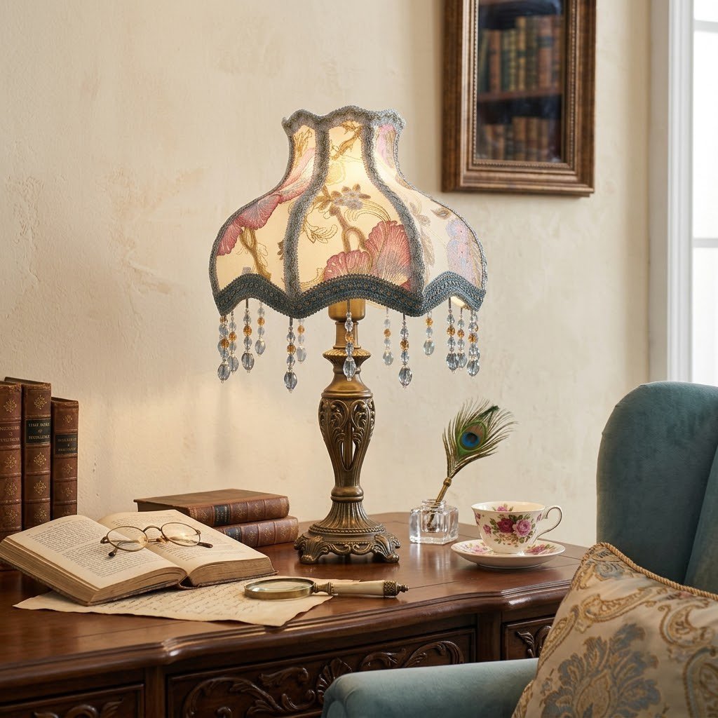 Vintage French Floral Lampshade, Victorian Jacquard Fabric Table Lamp Shade Replacement with Beaded Tassels, Antique Room Decor (Lampshade Only)