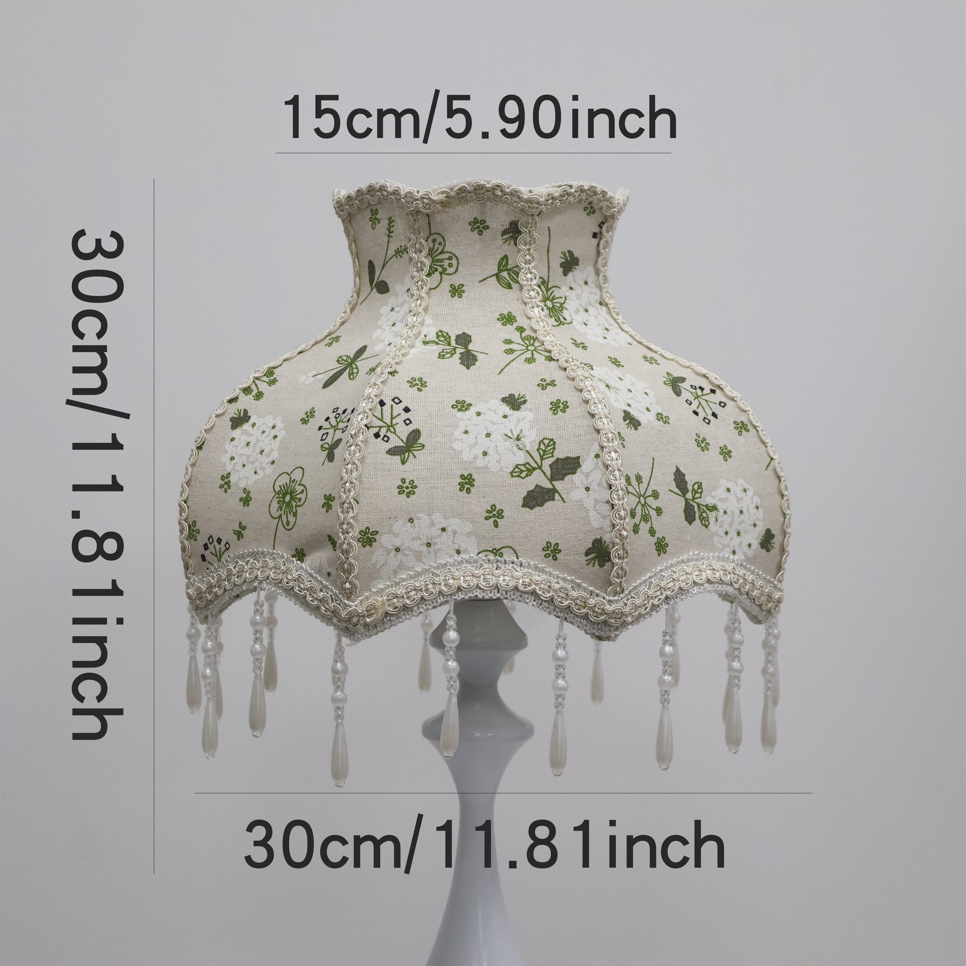 Vintage Floral Fabric Table Lamp Shade, Beige Base Green White Flower Print Lace Trim Crystal Bead Tassel Replacement Lampshade for Table Lamp, Cottage Decor Lamp Cover