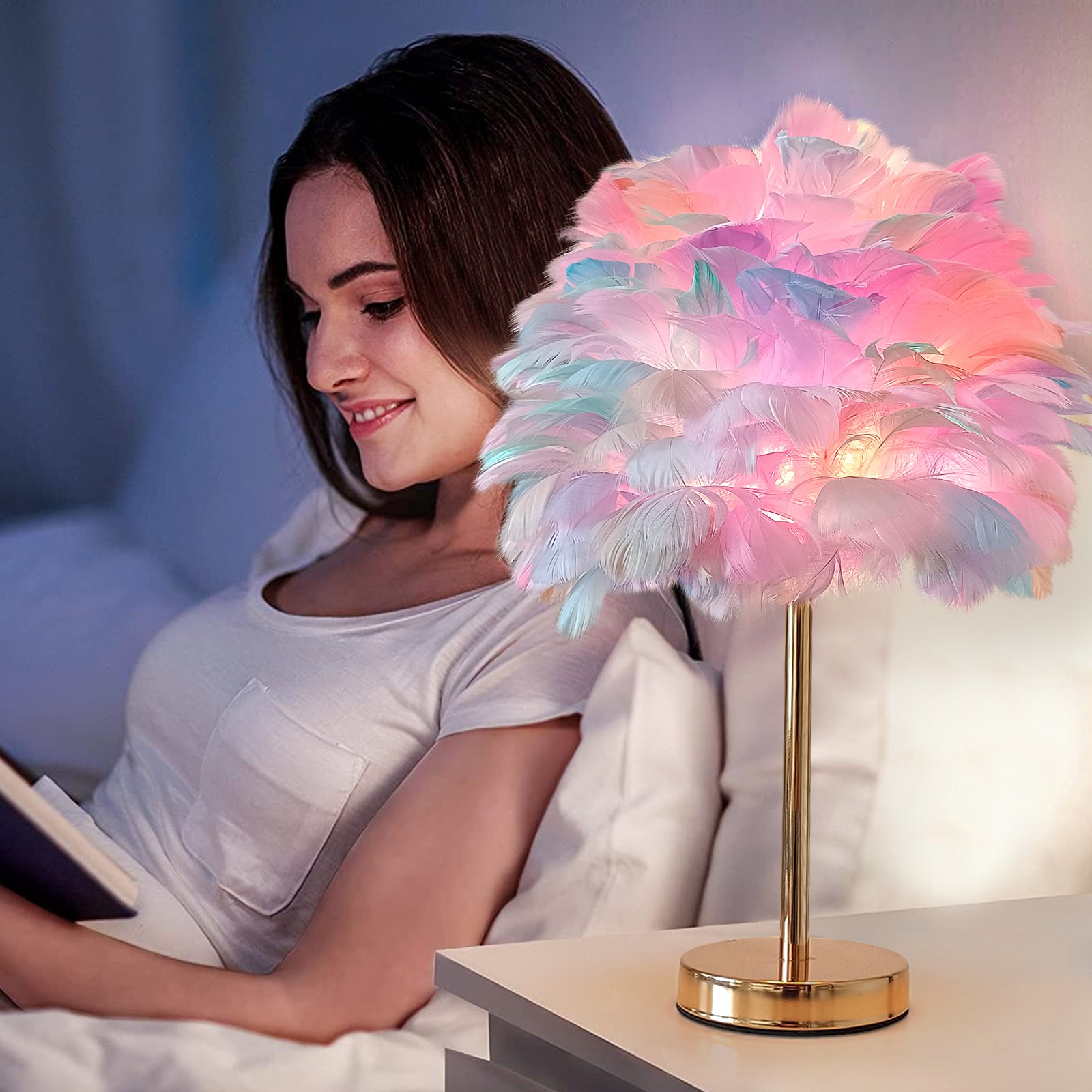 Fluffy Feather Table Lamp, Aesthetic Bedside Night Light with Gold Base & Plume Shade, Coquette Room Decor