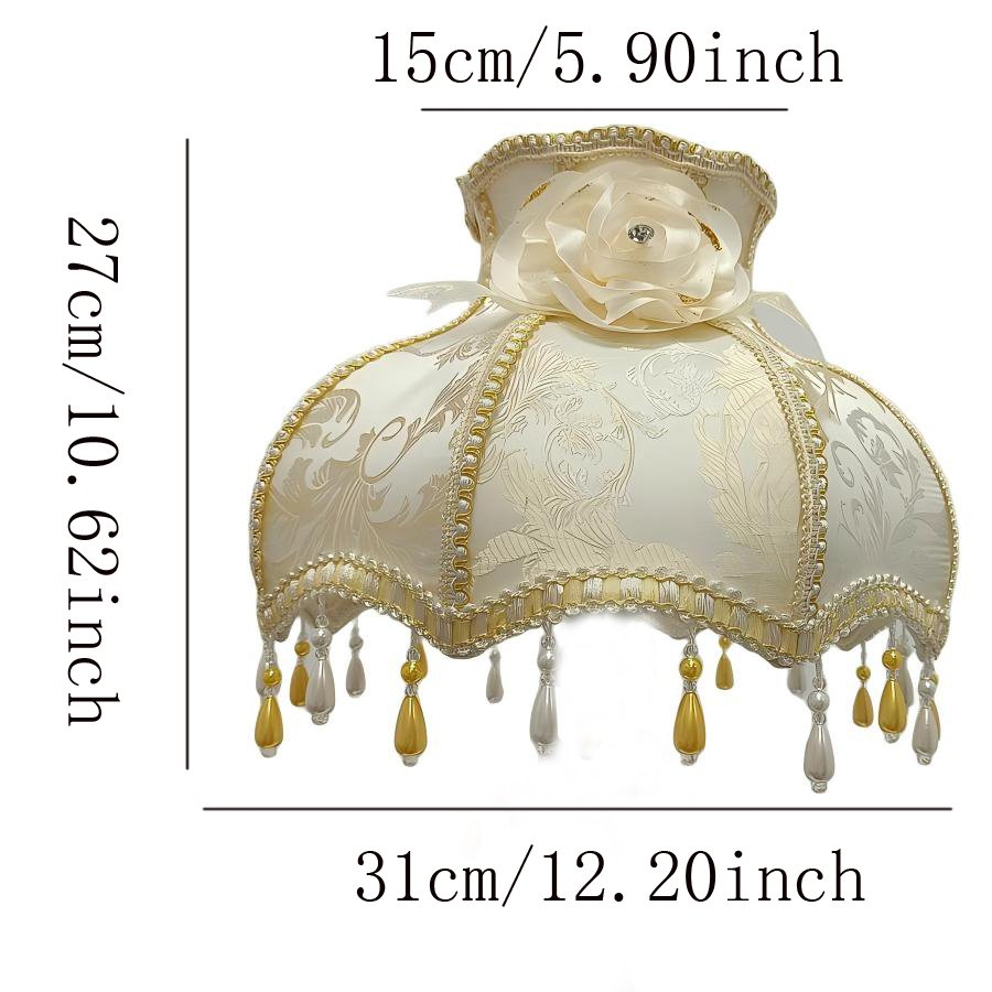 European Vintage Jacquard Fabric Lampshade, Beige‑Gold Rose Decor Bead Tassel Lamp Shade for Table Lamp Floor Lamp Home Decor