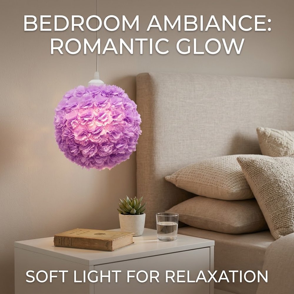 French Romantic Fabric Flower Lampshade, Cozy Aesthetic Pastel Purple/Pink Desk Light Shade Replacement, Dreamy Bedside Room Decor (Lampshade Only)