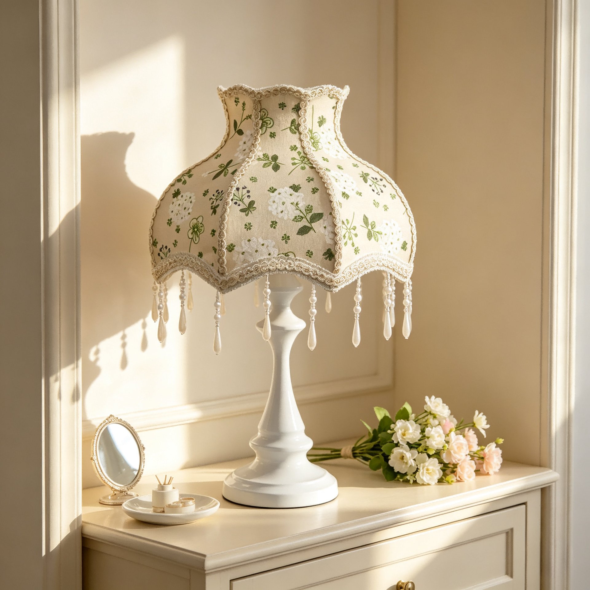 Vintage Floral Fabric Table Lamp Shade, Beige Base Green White Flower Print Lace Trim Crystal Bead Tassel Replacement Lampshade for Table Lamp, Cottage Decor Lamp Cover