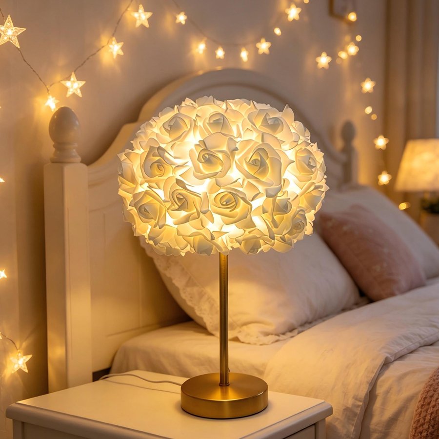 Aesthetic Rose Flower Ball Table Lamp, Romantic Floral Sphere Bedside Lamp with Gold Stand for Bedroom & Wedding Decoration