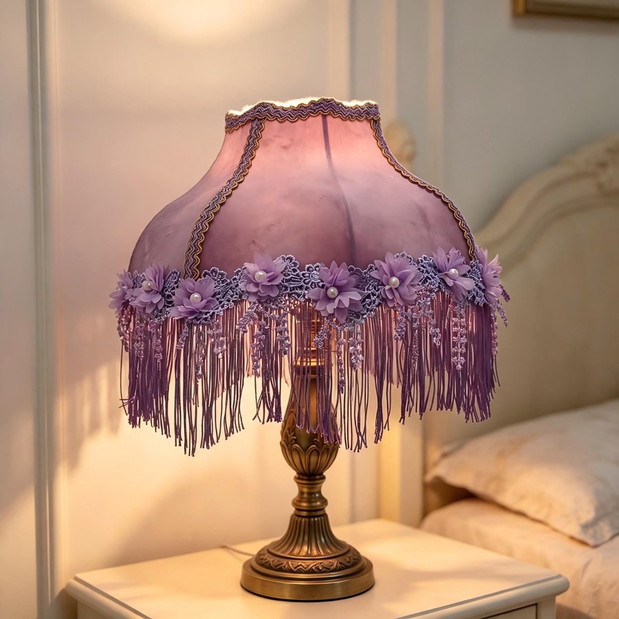 Purple Velvet Fabric Lampshade Flower Pearl Lace Purple Tassel Lamp Shade For Table Lamp Bedroom Vintage Home Decor