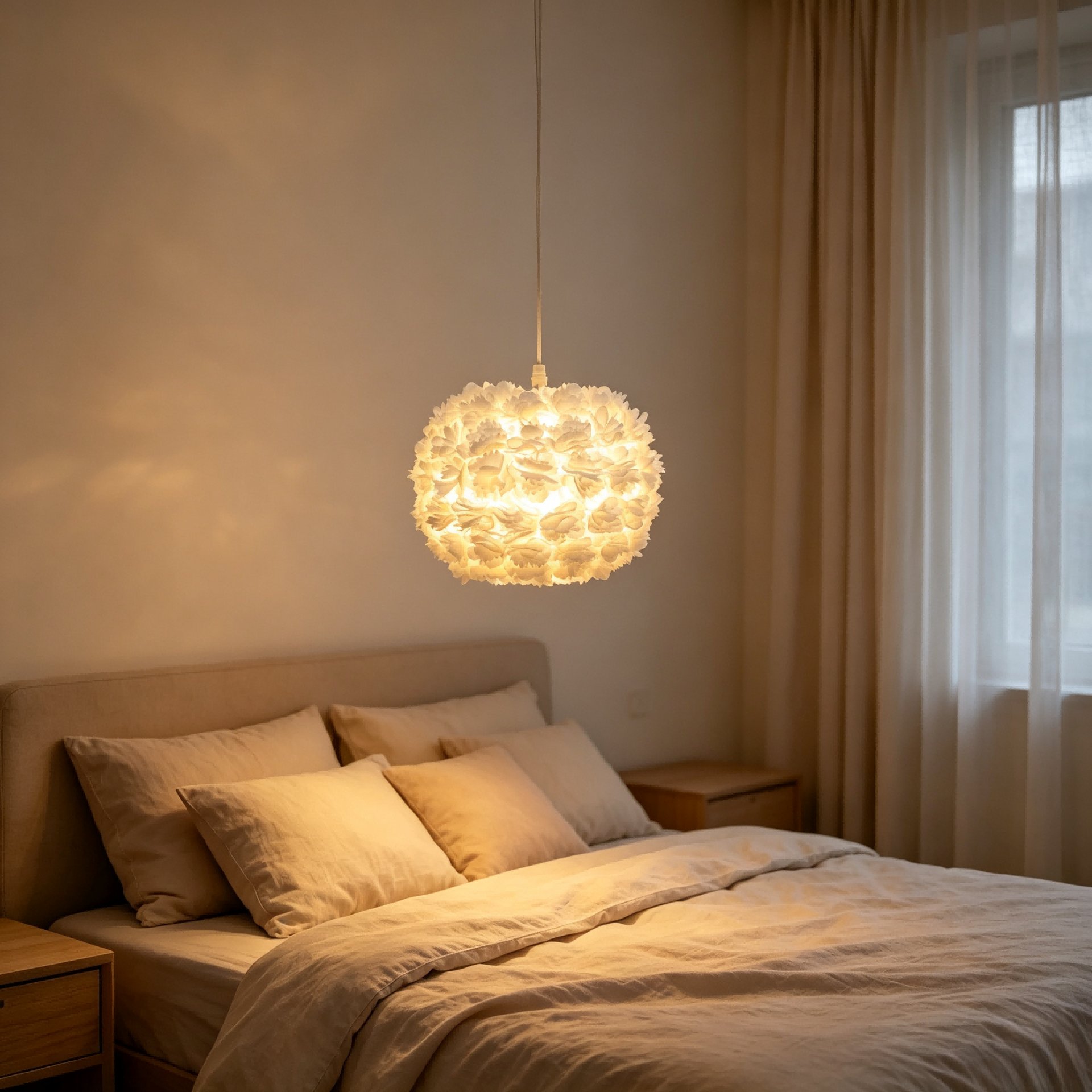 White 3D Flower Round Fabric Lampshade, Floral Petal Pendant Lamp Shade, Replacement Lamp Cover for Pendant Light Ceiling Lamp, Decorative Lampshade for Home Bedroom